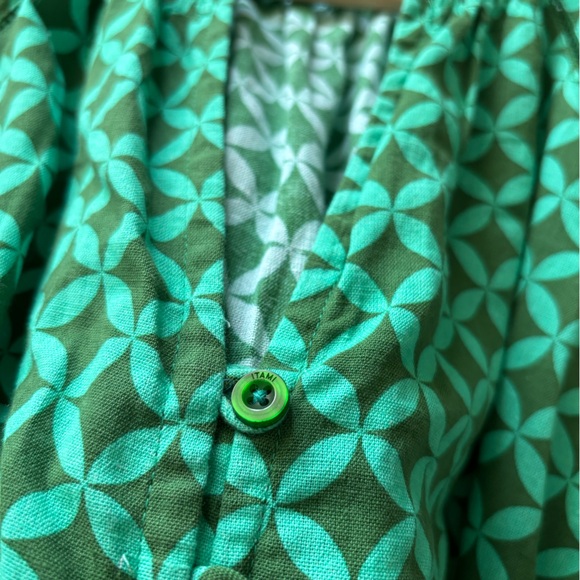 ITAMI Green Geometric Print Boho Style Belted Midi Button Linen Blend Dress - Picture 8 of 11